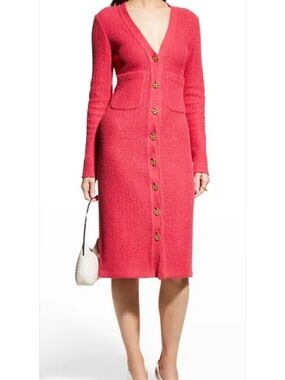 St. John Collection Coral Pink V-Neck Button-Front Midi Knit Dress